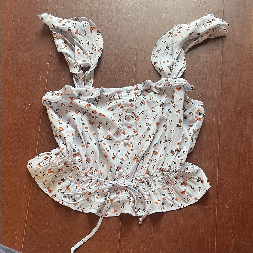 Floral White Ruffle Strap Top